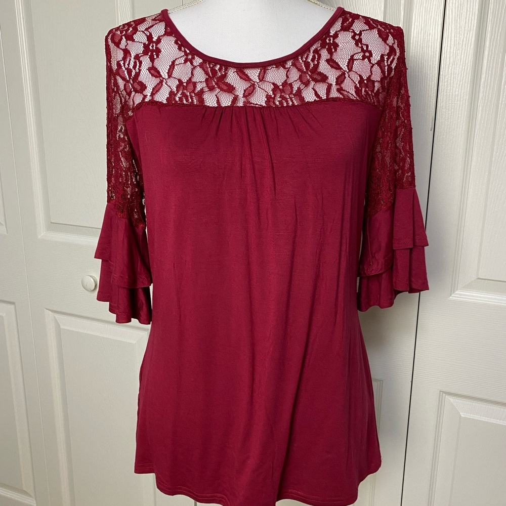 Aceshin Lenox Maroon Lace Patchwork Top - image 5